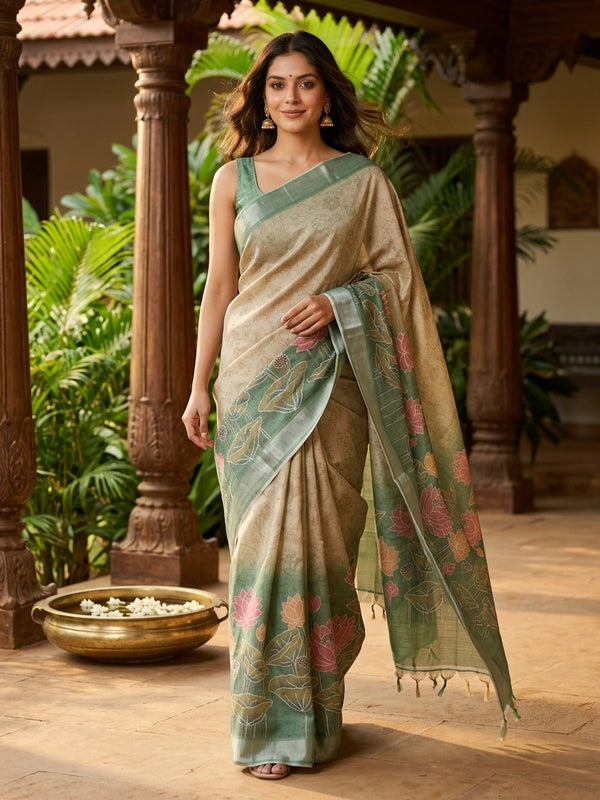Beige and sage green linen cotton saree with silver zari border and pink lotus print pallu