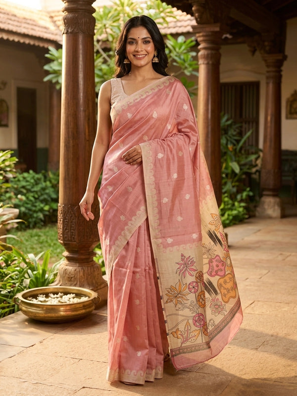 Dusty rose pink linen cotton saree with cream floral buttas, contrast scroll border and printed kalamkari pallu