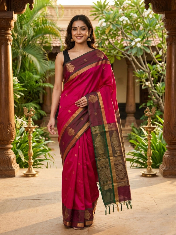 Rani pink silk cotton saree with contrast green and gold zari border and pallu