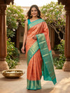 Coral Orange and Teal Green Pure Kanchipuram Silk Saree
