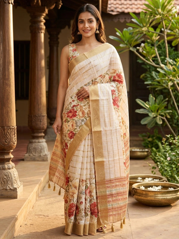 Cream floral print Dola silk saree with gold zari stripes and contrast woven border