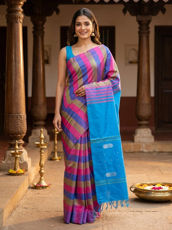 Multicolour checked banana silk saree with contrast blue pallu and silver woven motifs