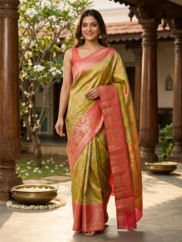 Mehendi green Pure Kanchipuram silk saree with pink contrast zari border and elephant motifs