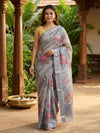 Grey and Pink Floral Semi Tussar Saree