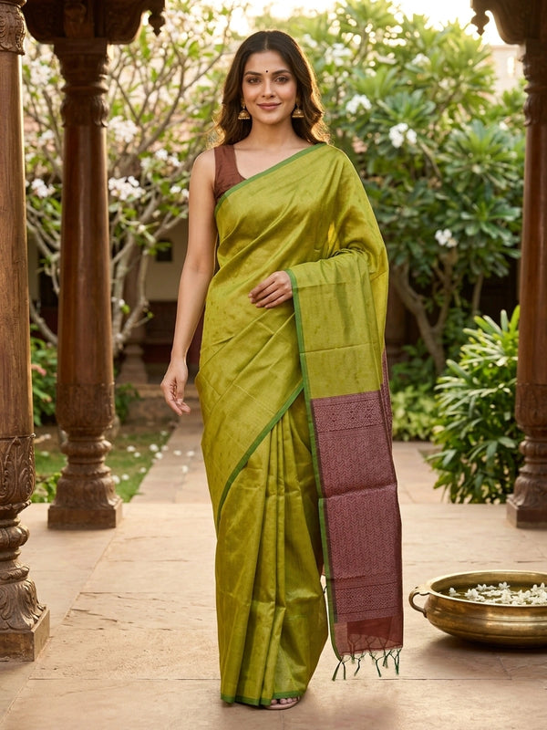 Mehendi green silk cotton saree with contrast maroon geometric zari pallu and green border