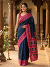 Navy Blue and Magenta Designer Linen Cotton Saree