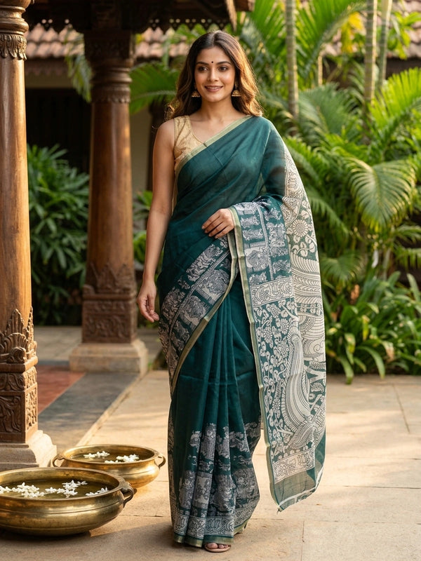 Teal green linen cotton saree with white kalamkari peacock and floral pallu and gold zari border
