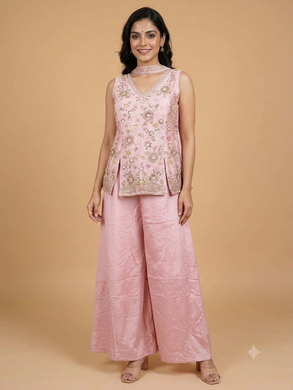 Pink floral embroidered art silk straight cut kurti set with palazzo pants and dupatta