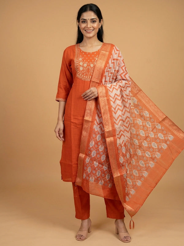 Orange zari embroidered cotton silk straight cut kurti set with printed dupatta