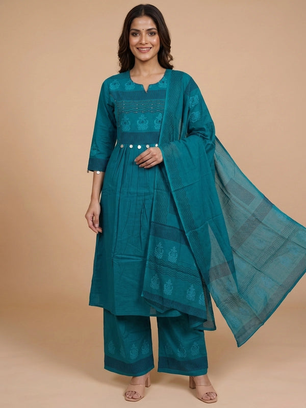 Teal cotton block printed Anarkali kurti set with coin embellished waist, palazzo pants and dupatta