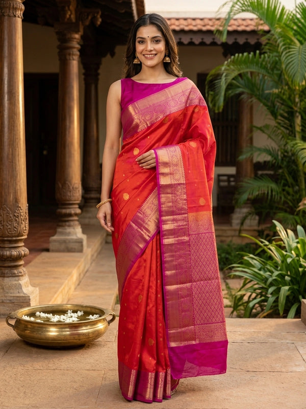Orange pure Kanchipuram silk saree with contrast pink zari border and gold buttas