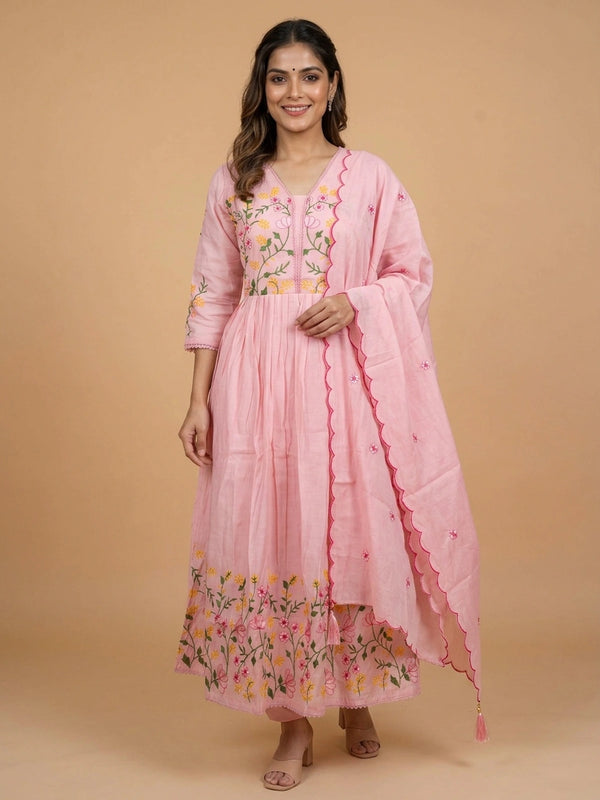 Pink floral embroidered cotton Anarkali kurti set with matching dupatta and pants