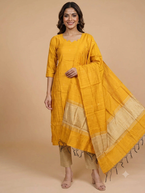 Mustard Yellow woven silk straight cut kurti set with gold zari border dupatta and beige pants