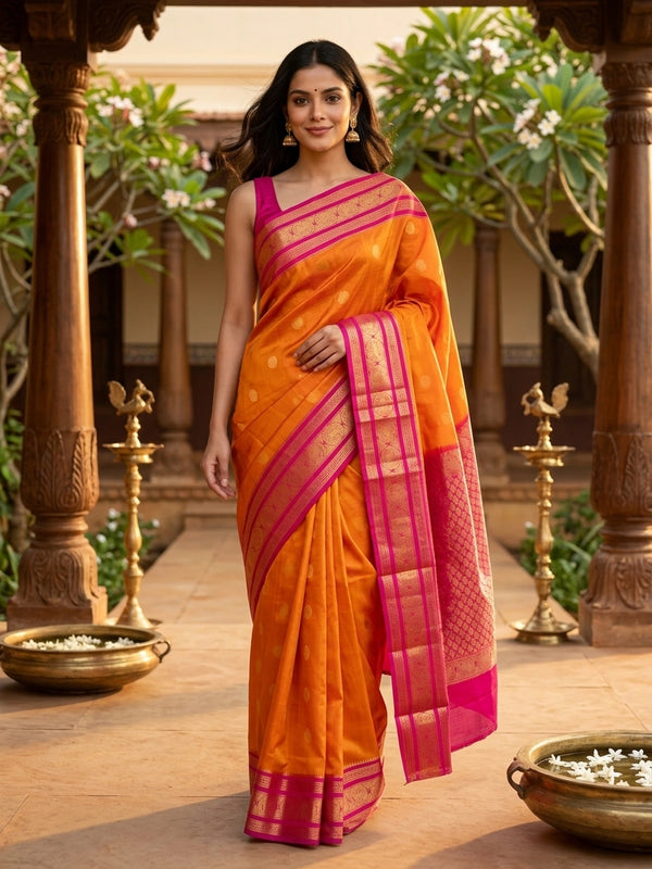 Orange and pink pure Kanchipuram silk saree with contrast gold zari border and buttas