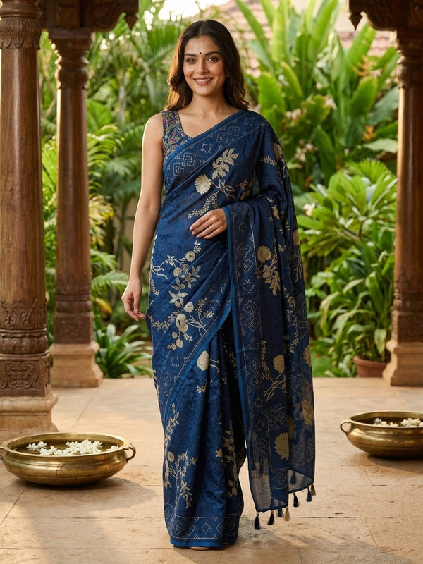 Navy blue and gold designer saree with floral lotus motifs and geometric border