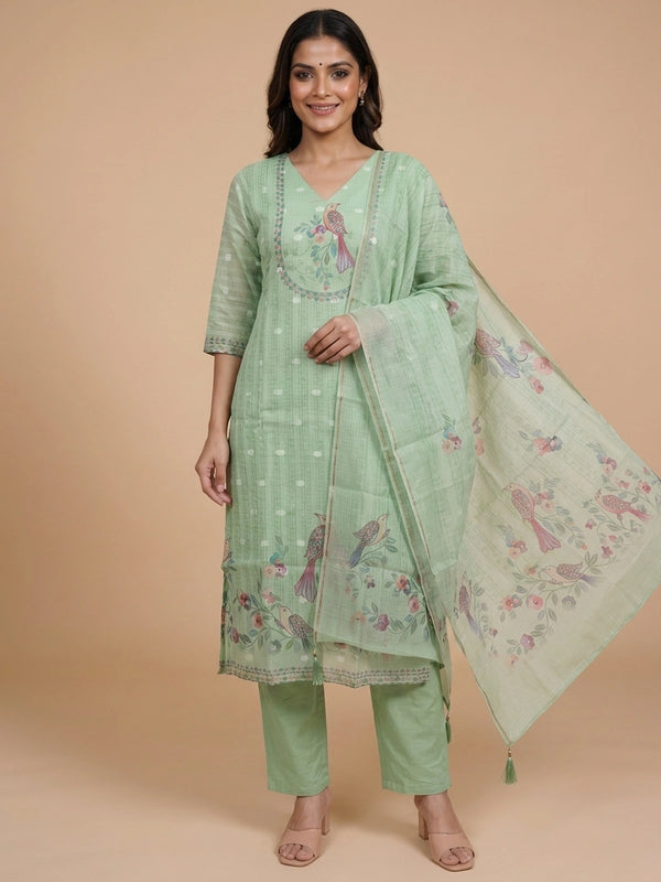 Sage Green bird print Kota cotton straight cut kurti set with pants and dupatta