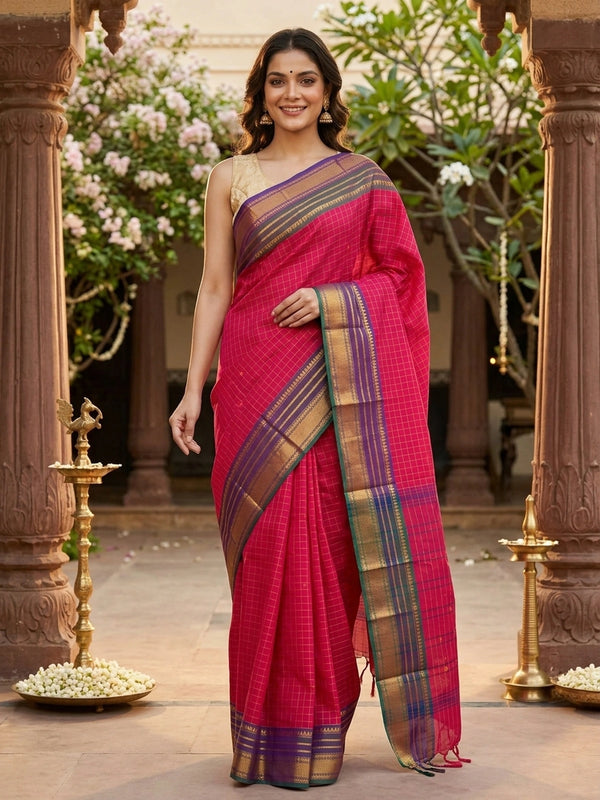 Pink Chettinad cotton saree with checked body, woven buttas, and contrast purple gold zari border