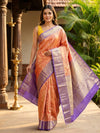 Peach Orange and Purple Pure Kanchipuram Silk Saree