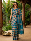 Teal Blue and Peach Checked Banana Silk Sarees