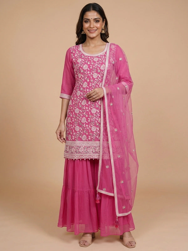 Pink floral embroidered georgette straight cut kurti set with sharara and net dupatta