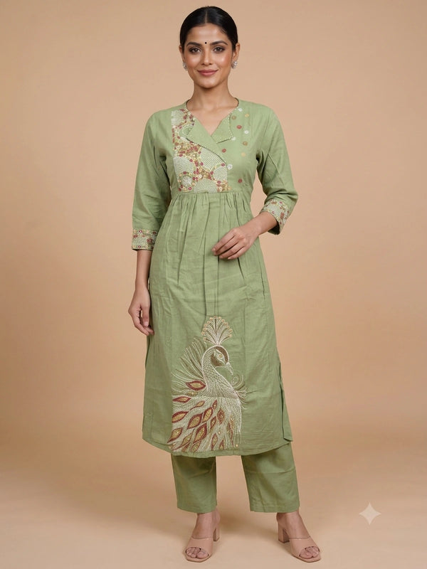 Sage green cotton straight cut kurti set with Kantha peacock embroidery and pink floral dupatta