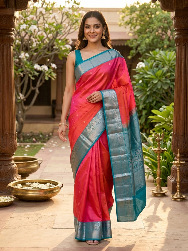 Pink and teal pure Kanchipuram silk saree with silver zari peacock border and gold buttas