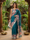 Teal Blue and Ivory Floral Semi Tussar Saree