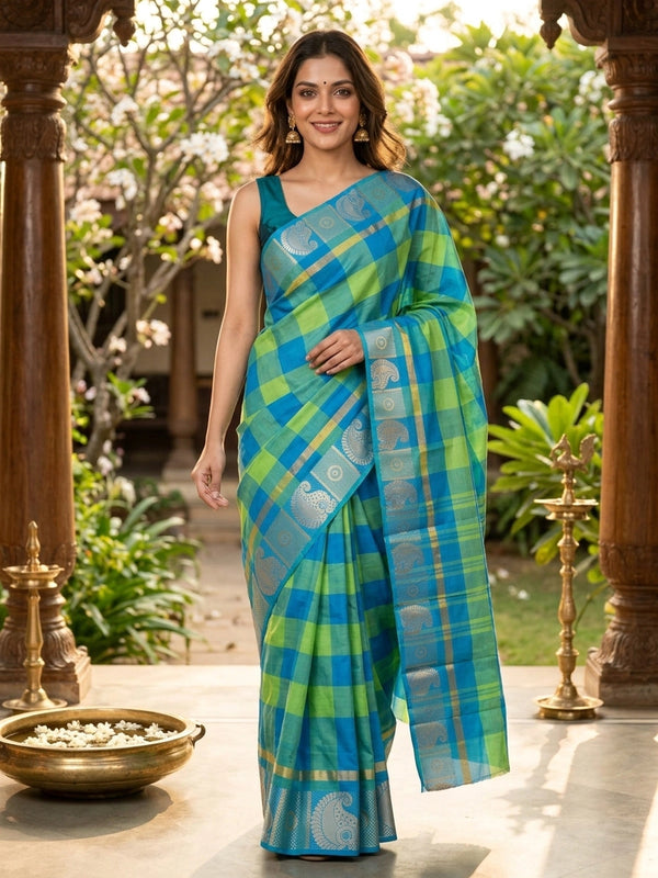 Blue and green checked Chettinad cotton saree with contrast blue zari paisley border