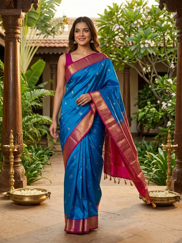 Peacock blue pure Kanchipuram silk saree with contrast pink and gold zari border and pallu