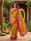 Mustard Yellow and Pink Dola Silk Saree