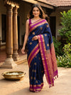Navy Blue and Magenta Pure Kanchipuram Silk Saree
