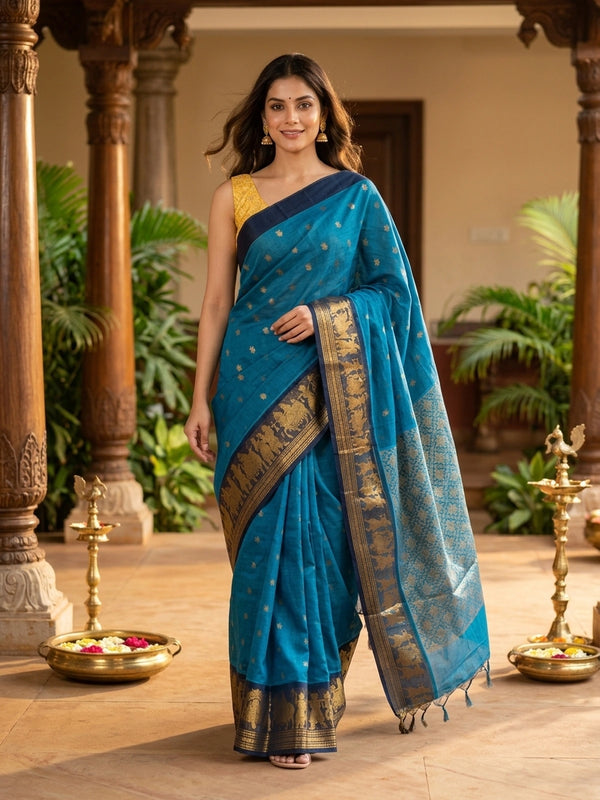 Peacock blue Chettinad cotton saree with gold zari lotus buttas and contrast navy figurative zari border