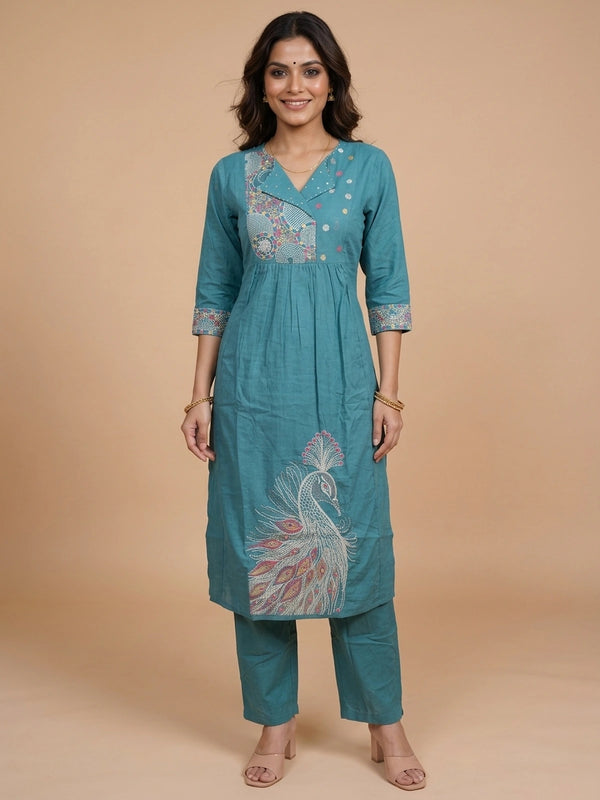 Teal cotton straight cut kurti set with peacock Kantha embroidery and matching pants