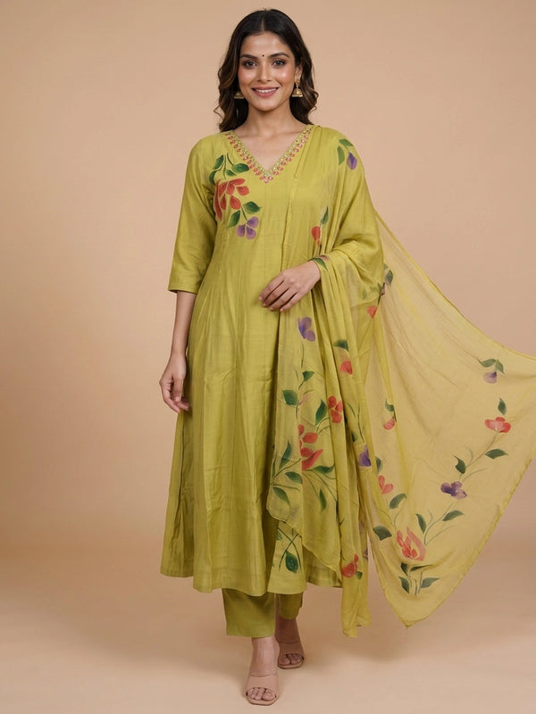 Mehndi Green hand-painted floral Anarkali kurti set with mirror work neckline and matching chiffon dupatta