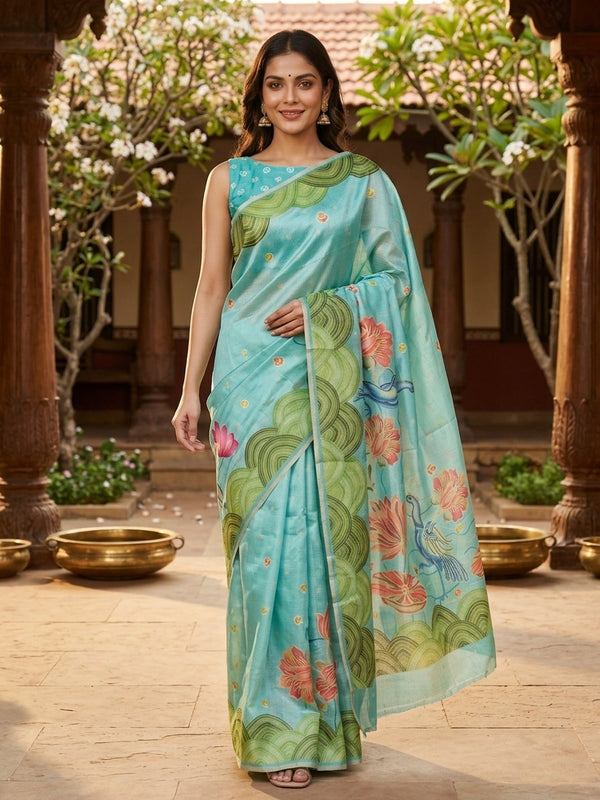 Turquoise semi tussar saree with green scalloped border and Kalamkari-style lotus and crane printed pallu