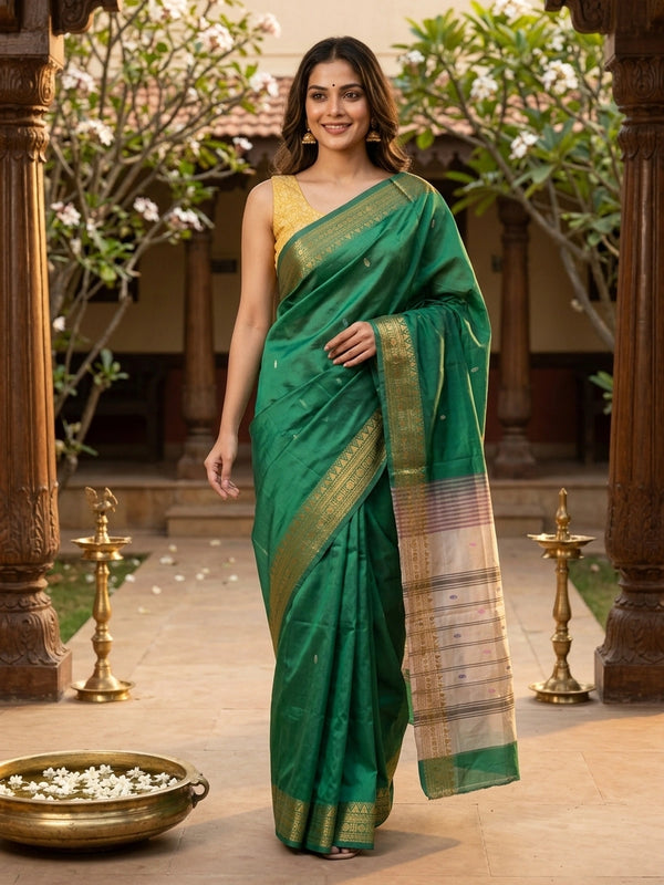Green Banana Silk saree with gold temple zari border, paisley buttas and contrasting cream pallu