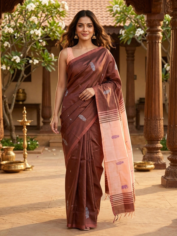 Maroon brown and peach banana silk saree with contrast pallu and woven butti motifs