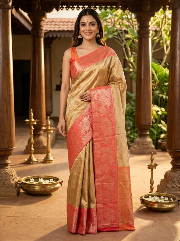 Gold pure Kanchipuram silk saree with tree-motif zari body and contrast pink elephant border