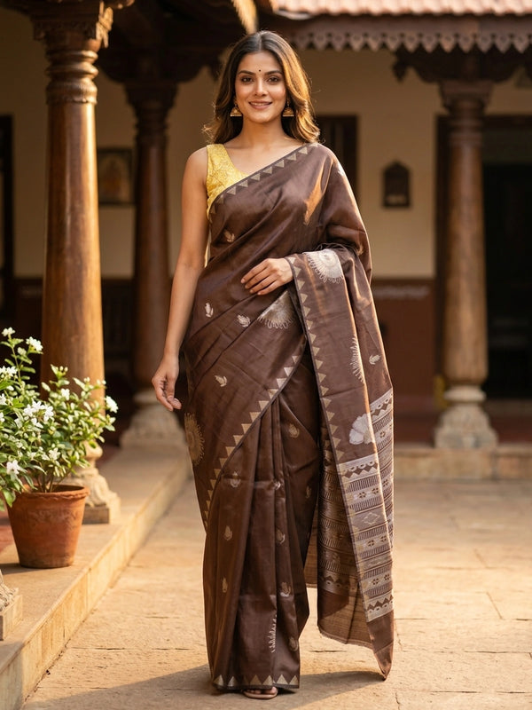 Brown semi tussar saree with gold and silver zari buttas, temple border and floral medallion pallu