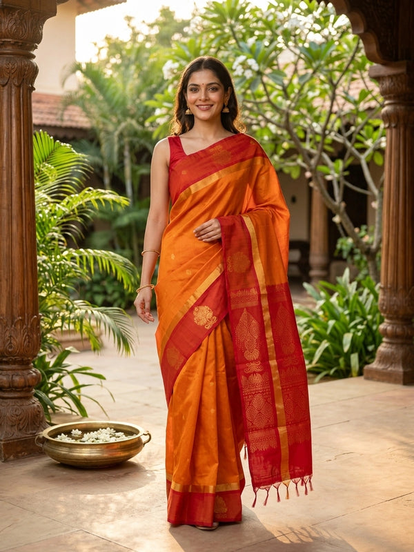 Orange silk cotton saree with contrast red gold zari pallu and border