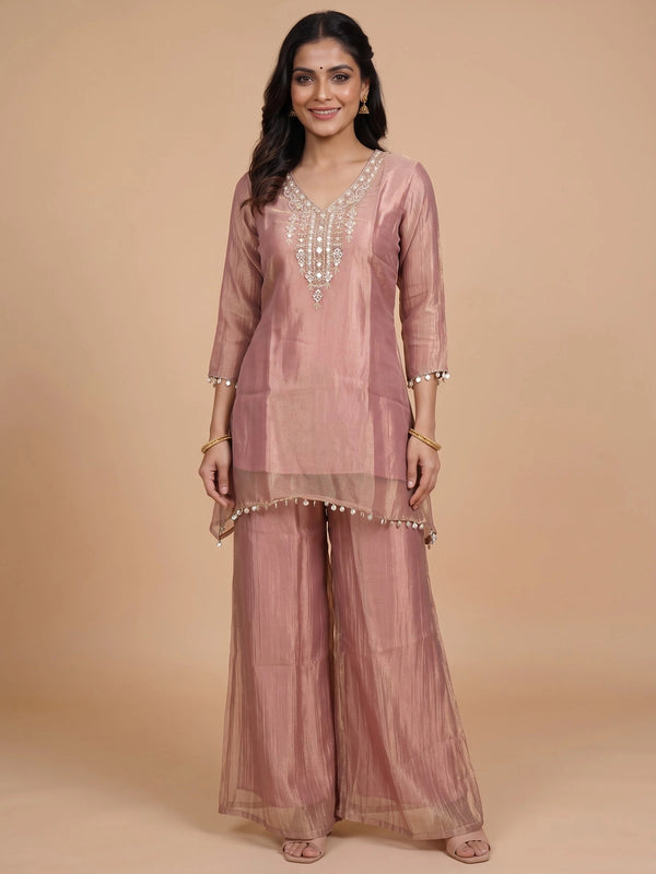 Dusty rose tissue silk co-ord set with embellished V-neck kurti and flared palazzo pants