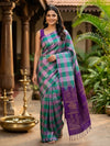 Green Pink and Purple Checked Pure Soft Silk Saree
