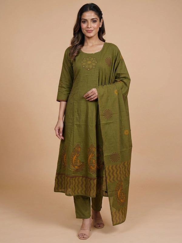 Mehendi Green Cotton Mirror Work Anarkali Kurti Set with printed dupatta and straight pants