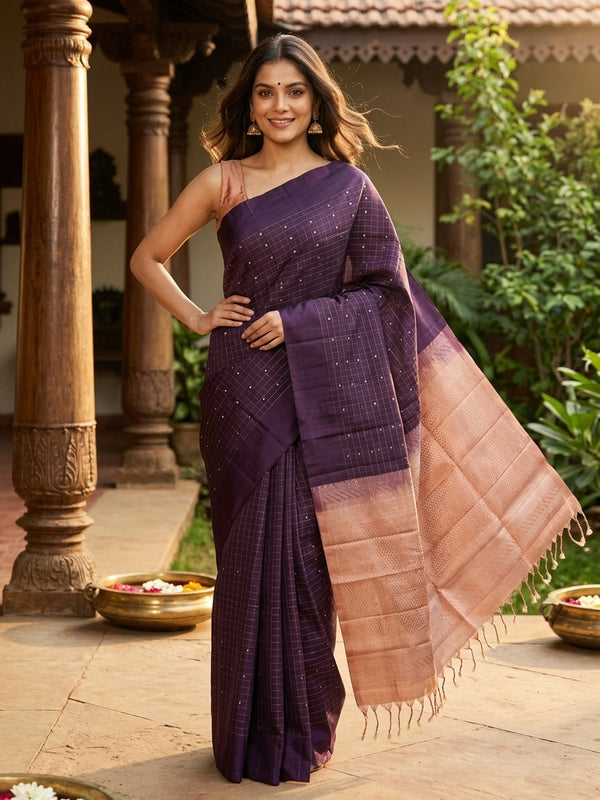 Purple Kanchipuram pure mix saree with checked body, silver buttas and copper zari border and pallu