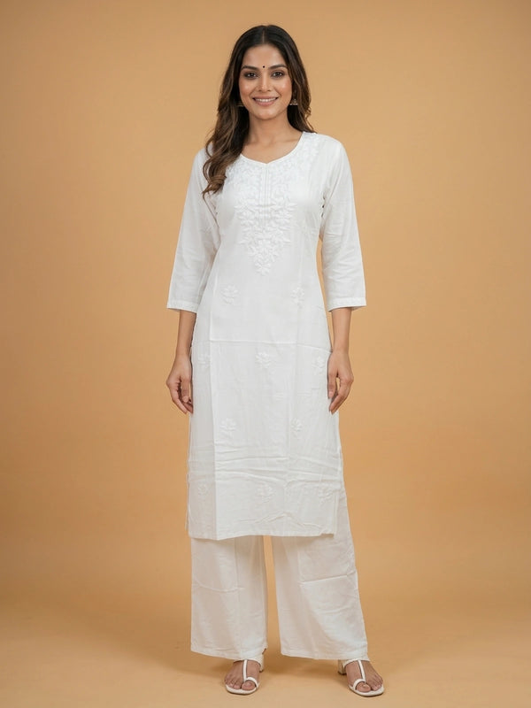 White cotton Chikankari embroidered straight cut kurti set with palazzo pants and dupatta