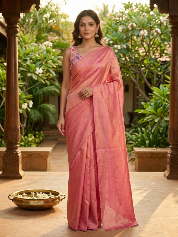 Pink and gold tissue designer saree with gold shimmer and embellished contrast floral blouse