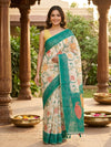 Cream and Teal Green Linen Cotton Saree