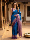 Peacock Blue and Purple Semi Silk Saree