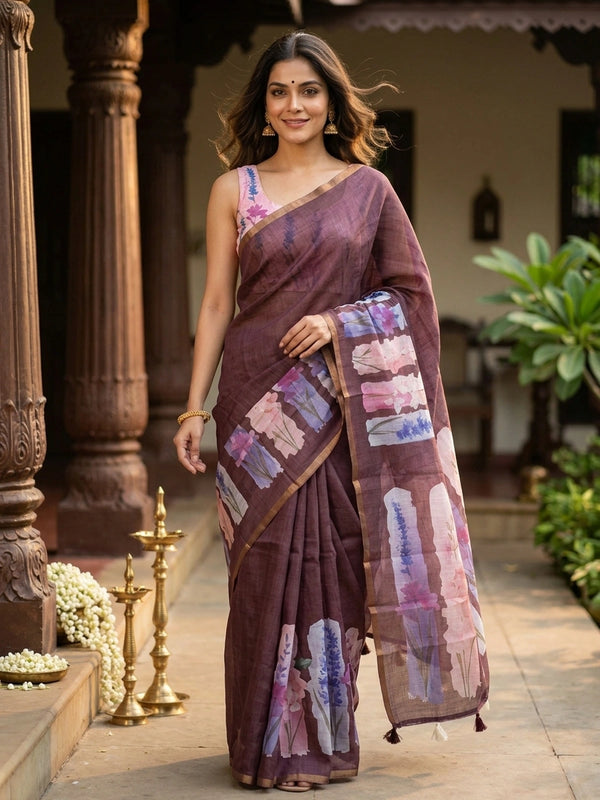 Mauve brown linen cotton saree with watercolour floral pallu and gold zari border