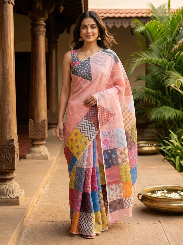 Peach linen cotton saree with multicolour patchwork printed pallu and border